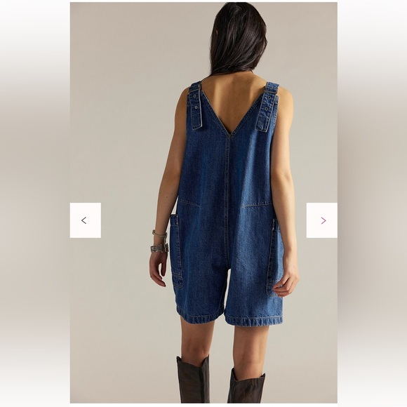 Free People We The Free Set It Off Long Shortalls Medium Wash Denim Sz Small - Picture 2 of 13
